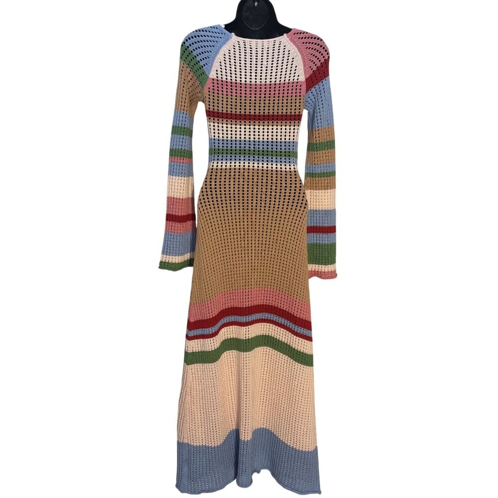 Vintage-Inspired VRG GRL Multicolor Crochet Knit Maxi Dress Long Sleeves Size 8 - Picture 4 of 15